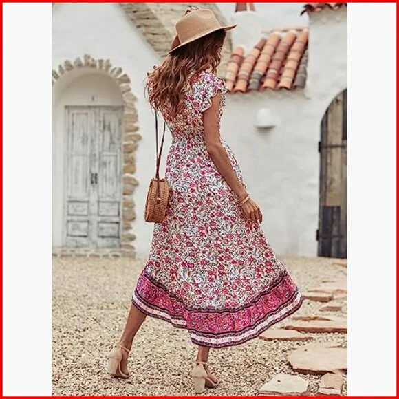 Summer Maxi Dress Floral V Neck Cap Sleeves Boho High Low Flowy Midi - Picture 2 of 7
